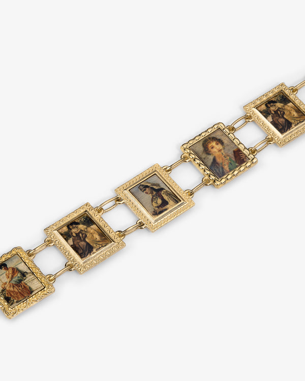 14Kt Gold Portrait Link Bracelet featuring rectangular frames with miniature painted portraits on a white background.