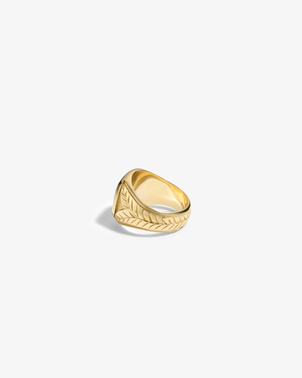 14Kt Gold Jade Signet Ring featuring a chevron pattern, shown on a white background.