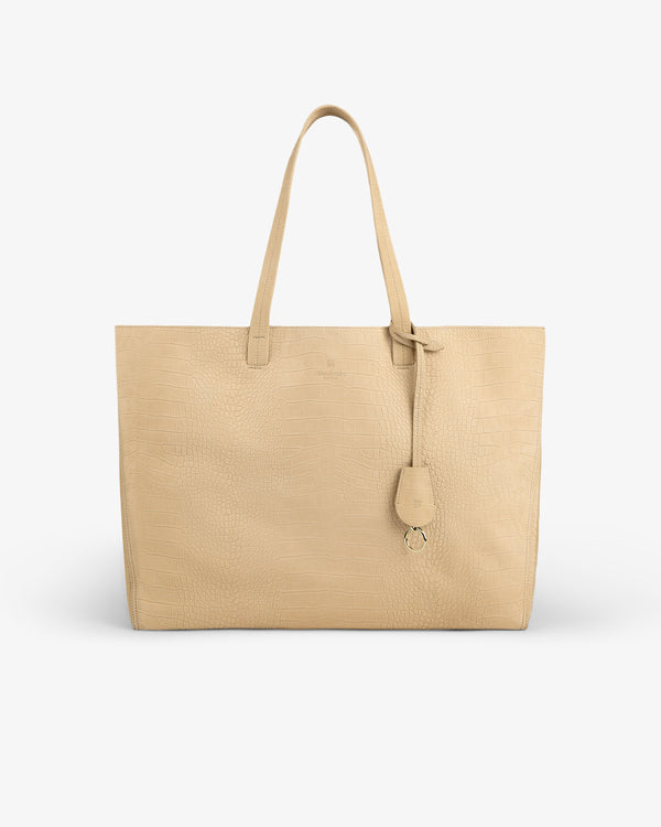 Croc-Embossed Nubuck Tote Bag with two handles and a tag, shown against a white background.