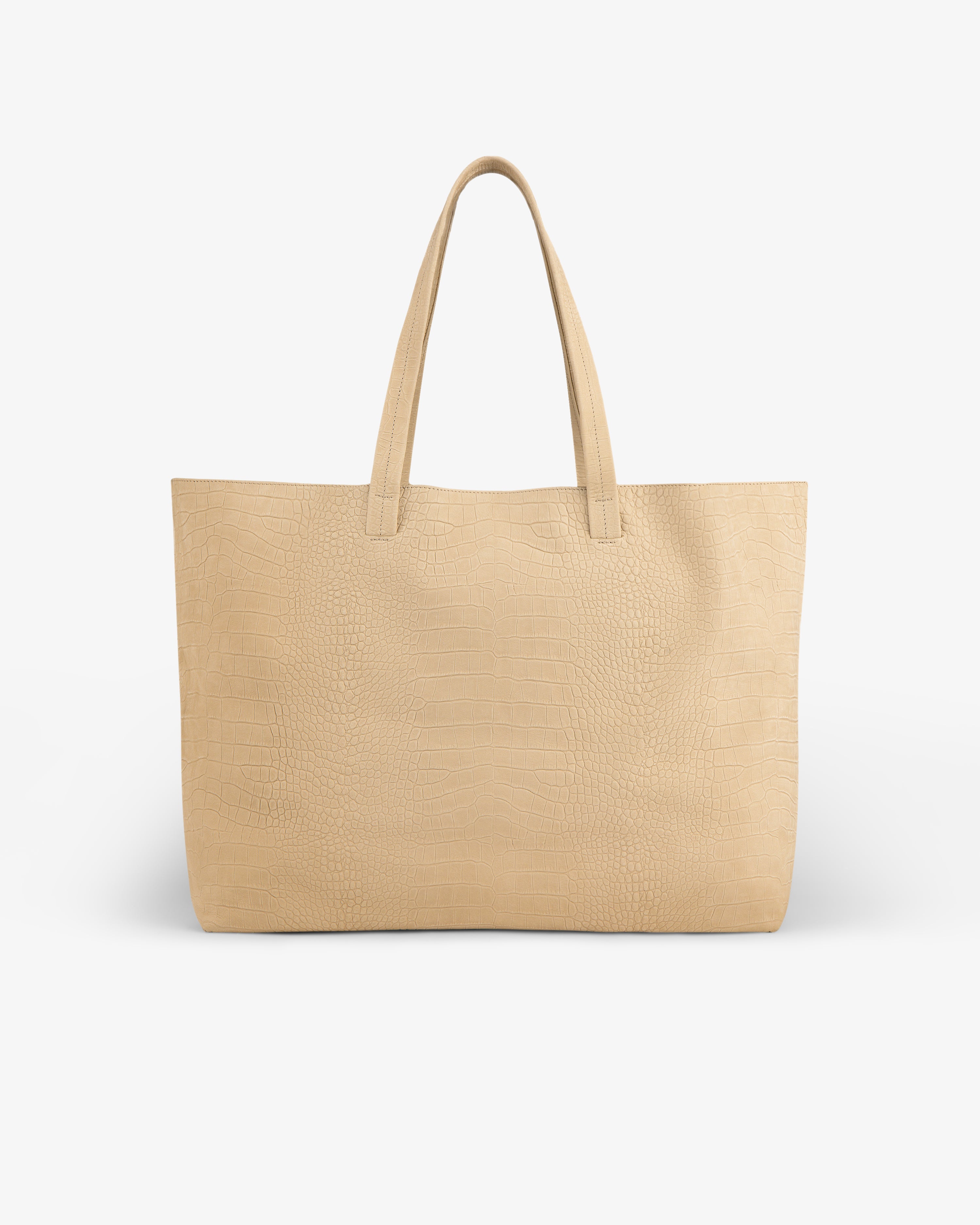 Croc-Embossed Nubuck Tote Bag with two handles and a minimalist beige design on a white background.