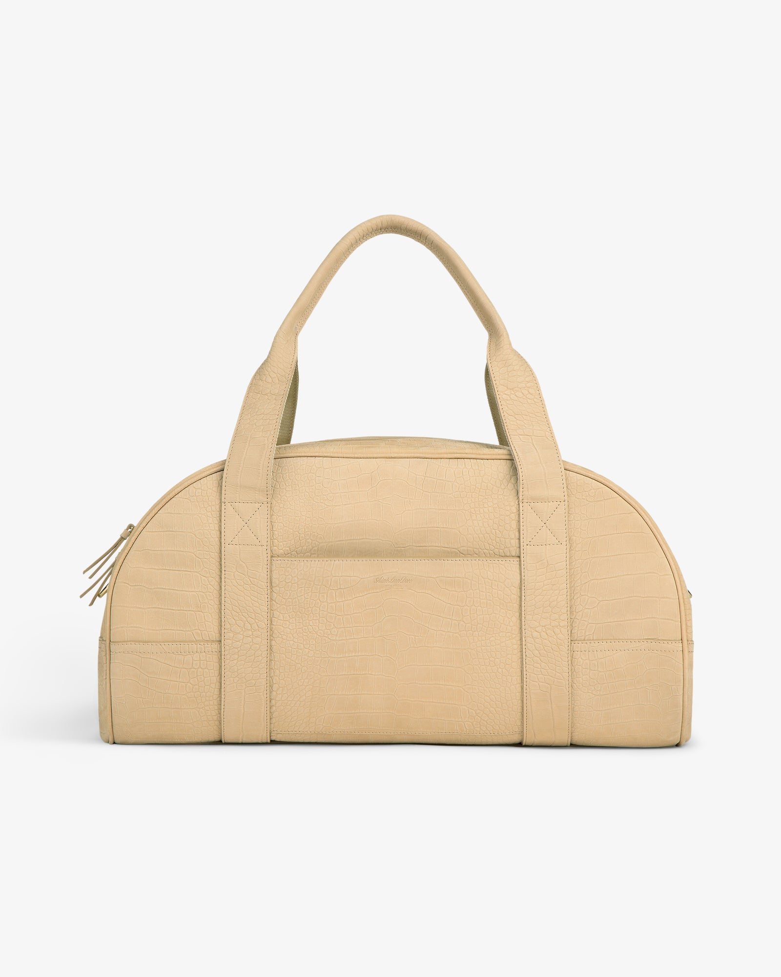 Croc-Embossed Nubuck Duffle with rounded top, two handles, and zip closure on a plain white background.