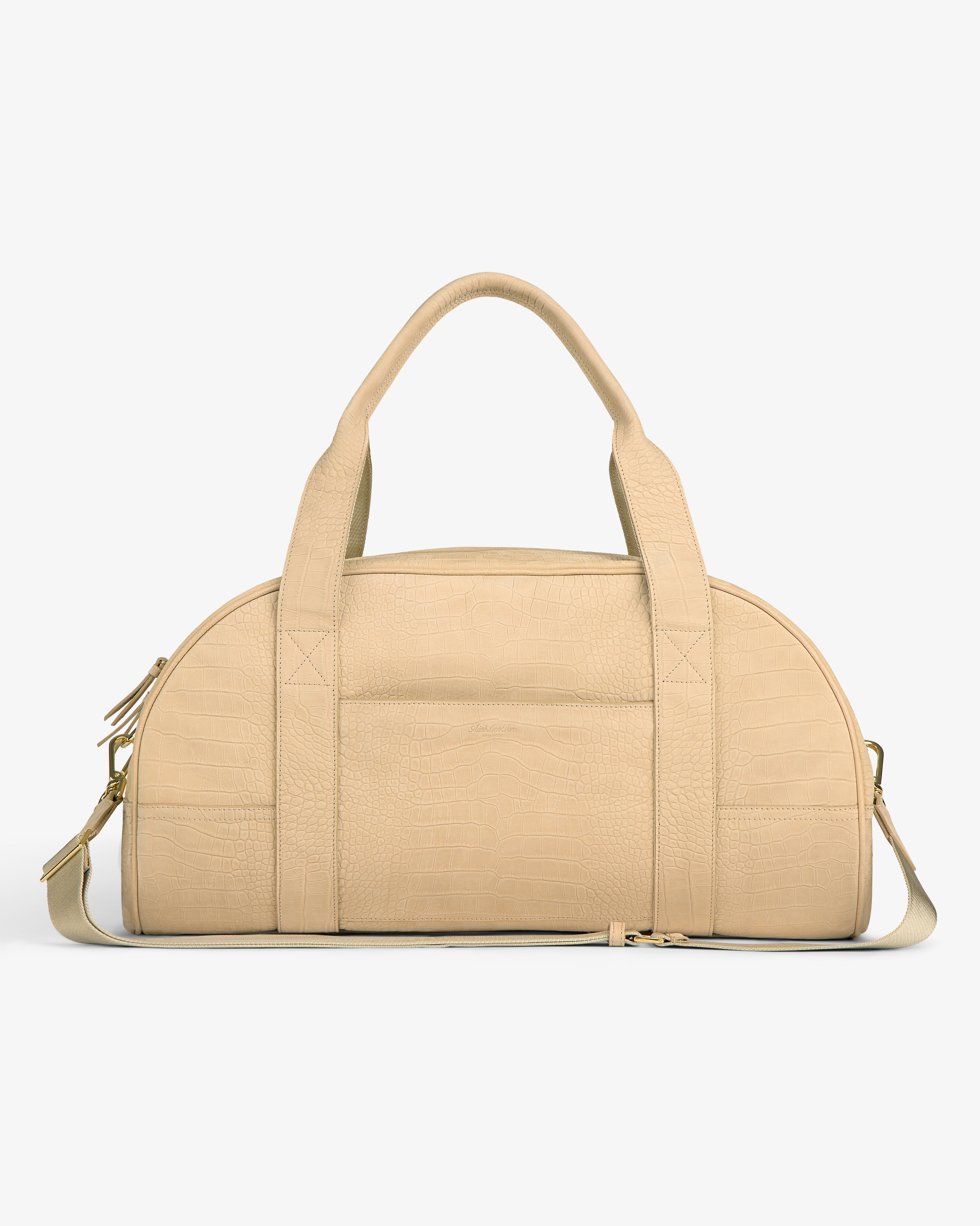 Croc-Embossed Nubuck Duffle with double handles and detachable strap, shown on a white background.