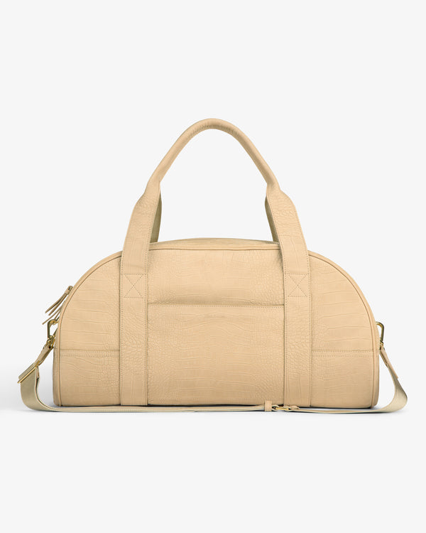 Croc-Embossed Nubuck Duffle with double handles and detachable strap, shown on a white background.