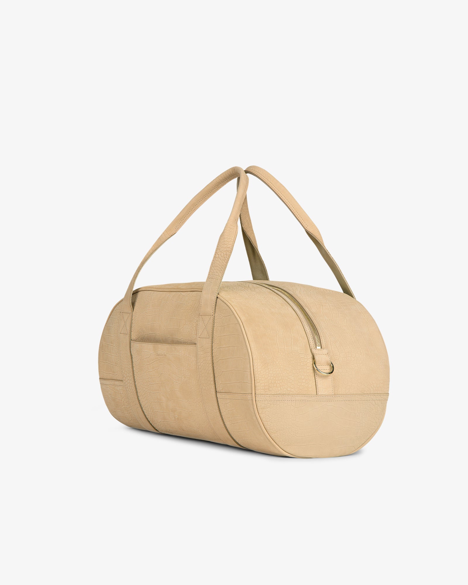 Croc-Embossed Nubuck Duffle, beige and cylindrical with two handles and a front pocket, on a white background.