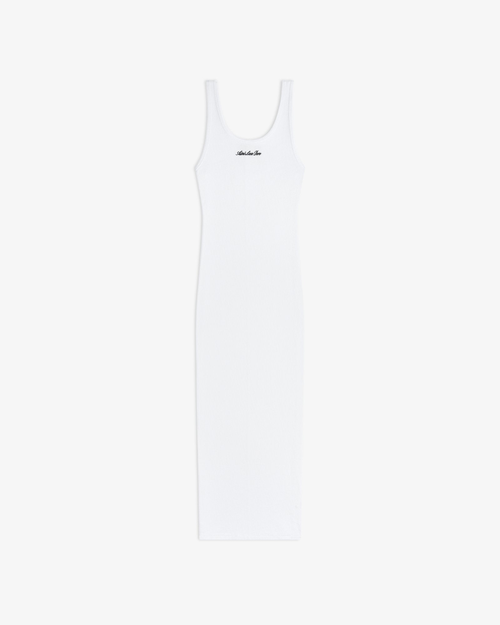 Embroidered Logo Tank Dress: sleeveless white ribbed tank with scoop neck and chest logo, displayed on a white background.