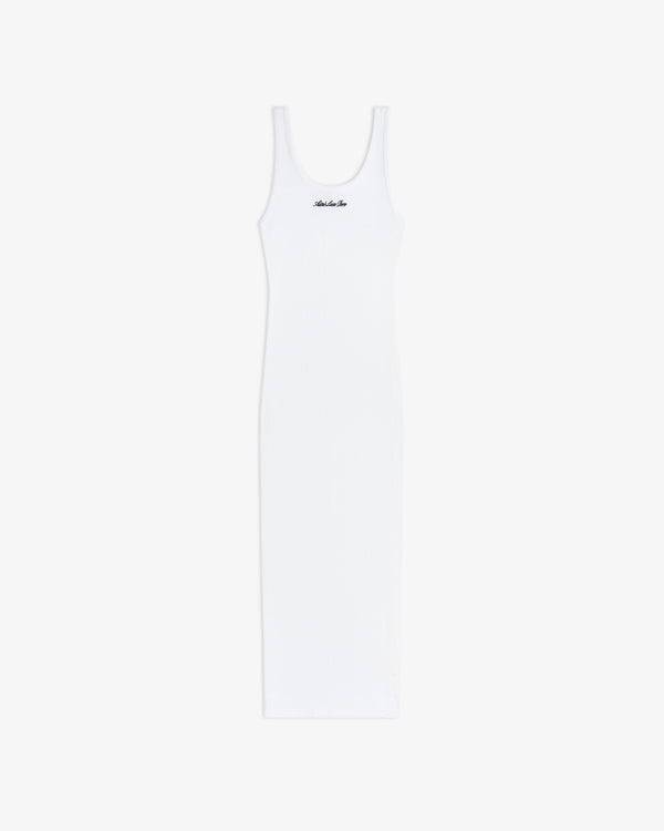 Embroidered Logo Tank Dress: sleeveless white ribbed tank with scoop neck and chest logo, displayed on a white background.