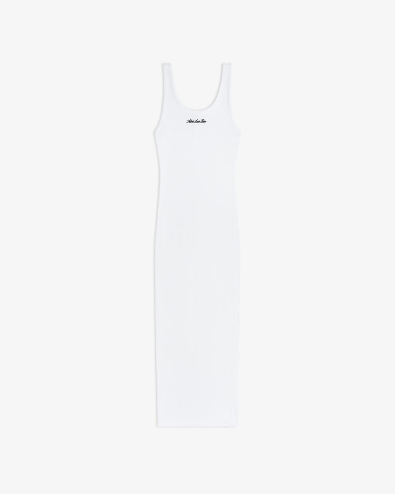 Embroidered Logo Tank Dress: sleeveless white ribbed tank with scoop neck and chest logo, displayed on a white background.