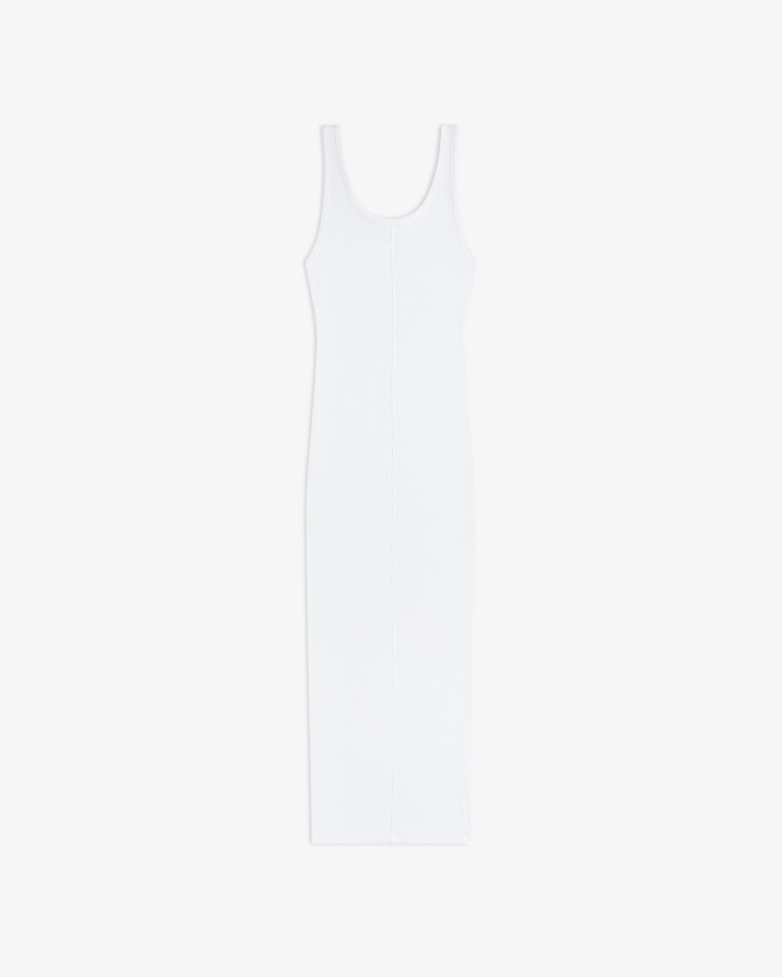 Embroidered Logo Tank Dress: sleeveless, fitted white midi with scoop neckline on a plain white background.