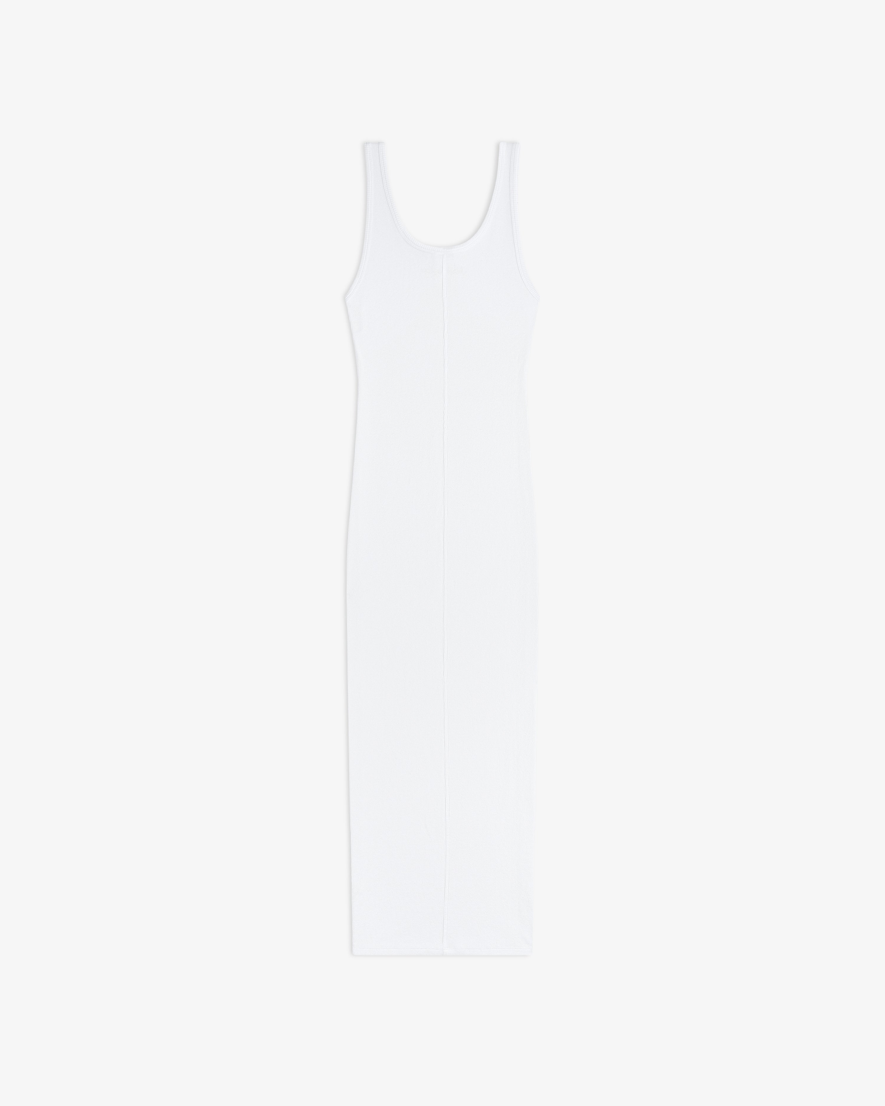 Embroidered Logo Tank Dress: sleeveless, fitted white midi with scoop neckline on a plain white background.
