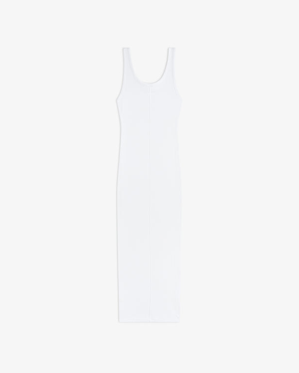 Embroidered Logo Tank Dress: sleeveless, fitted white midi with scoop neckline on a plain white background.