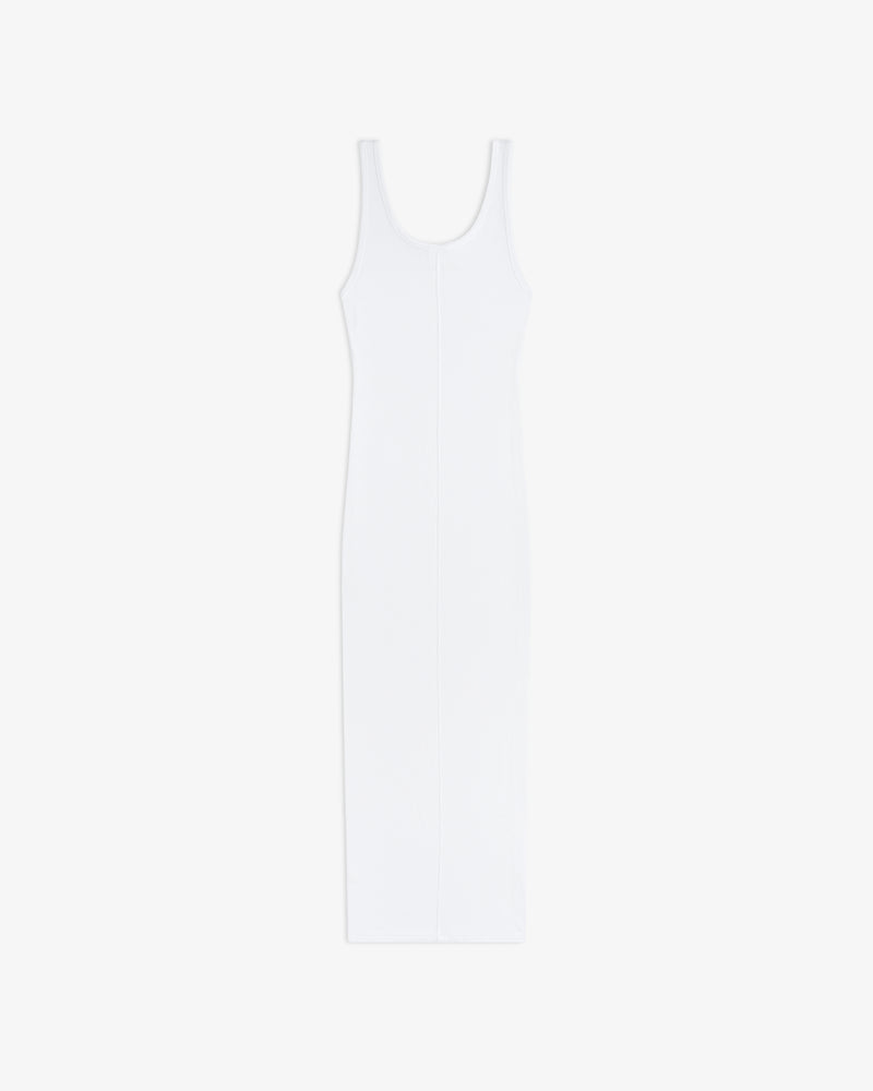 Embroidered Logo Tank Dress: sleeveless, fitted white midi with scoop neckline on a plain white background.