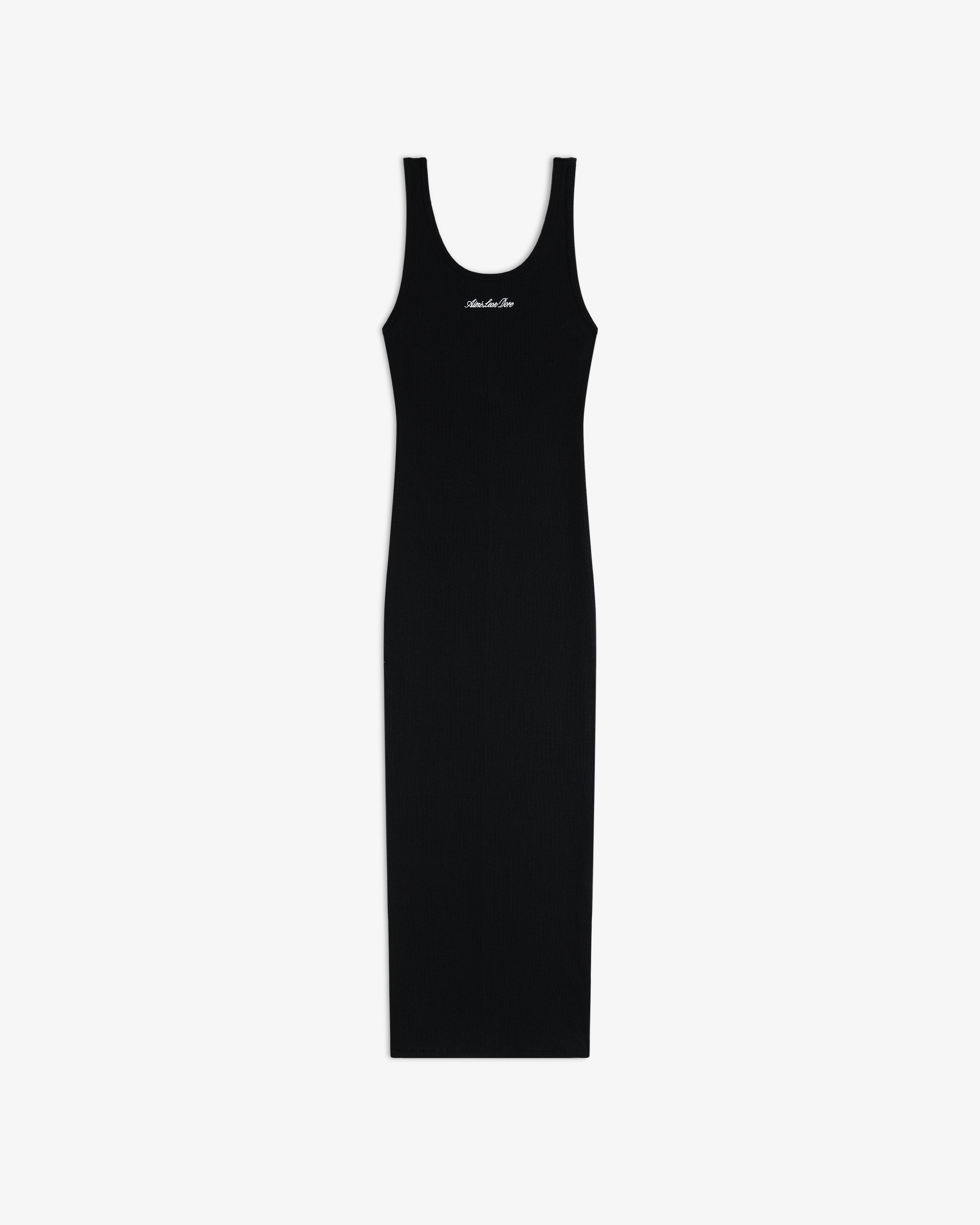 Embroidered Logo Tank Dress: Sleeveless black midi dress with scoop neck, white script chest logo, on white background.