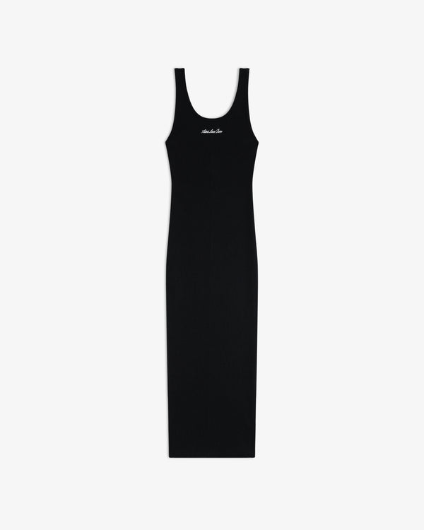 Embroidered Logo Tank Dress: Sleeveless black midi dress with scoop neck, white script chest logo, on white background.