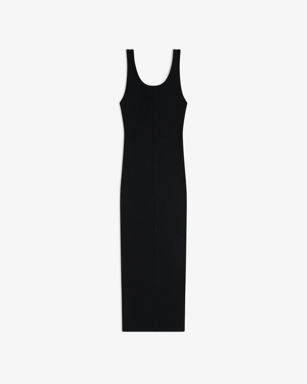 Embroidered Logo Tank Dress, sleeveless black midi with scoop neckline, laid flat on white background.