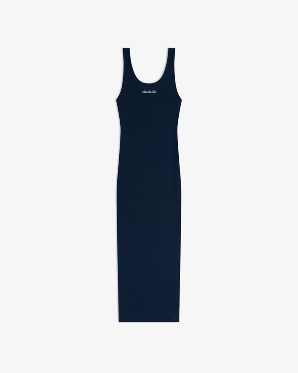 Navy ribbed Embroidered Logo Tank Dress with a scoop neck and small white script on the chest.