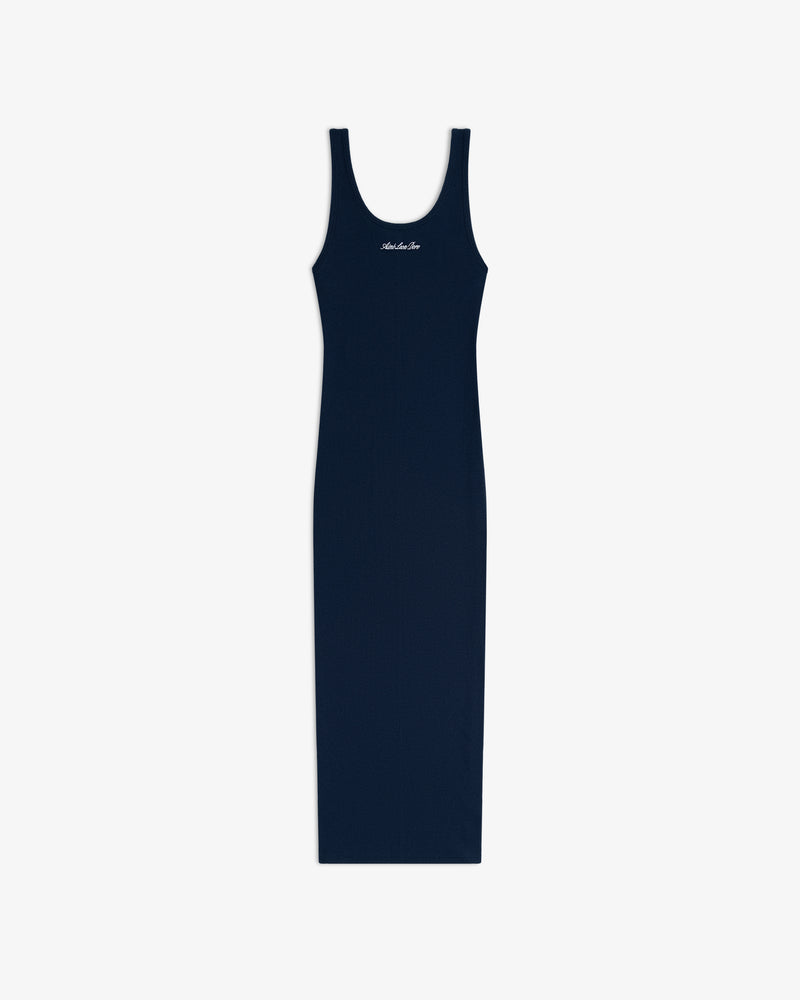 Navy ribbed Embroidered Logo Tank Dress with a scoop neck and small white script on the chest.