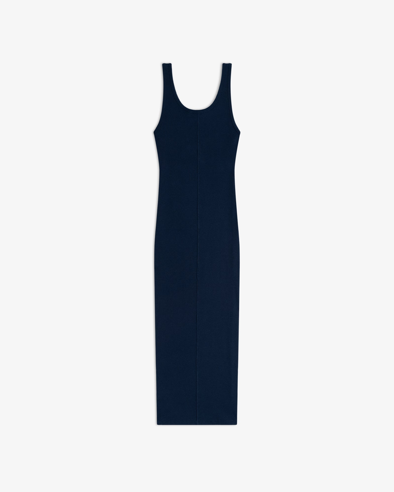 Embroidered Logo Tank Dress in navy blue with a scoop neck, sleeveless, midi length, laid flat on white.