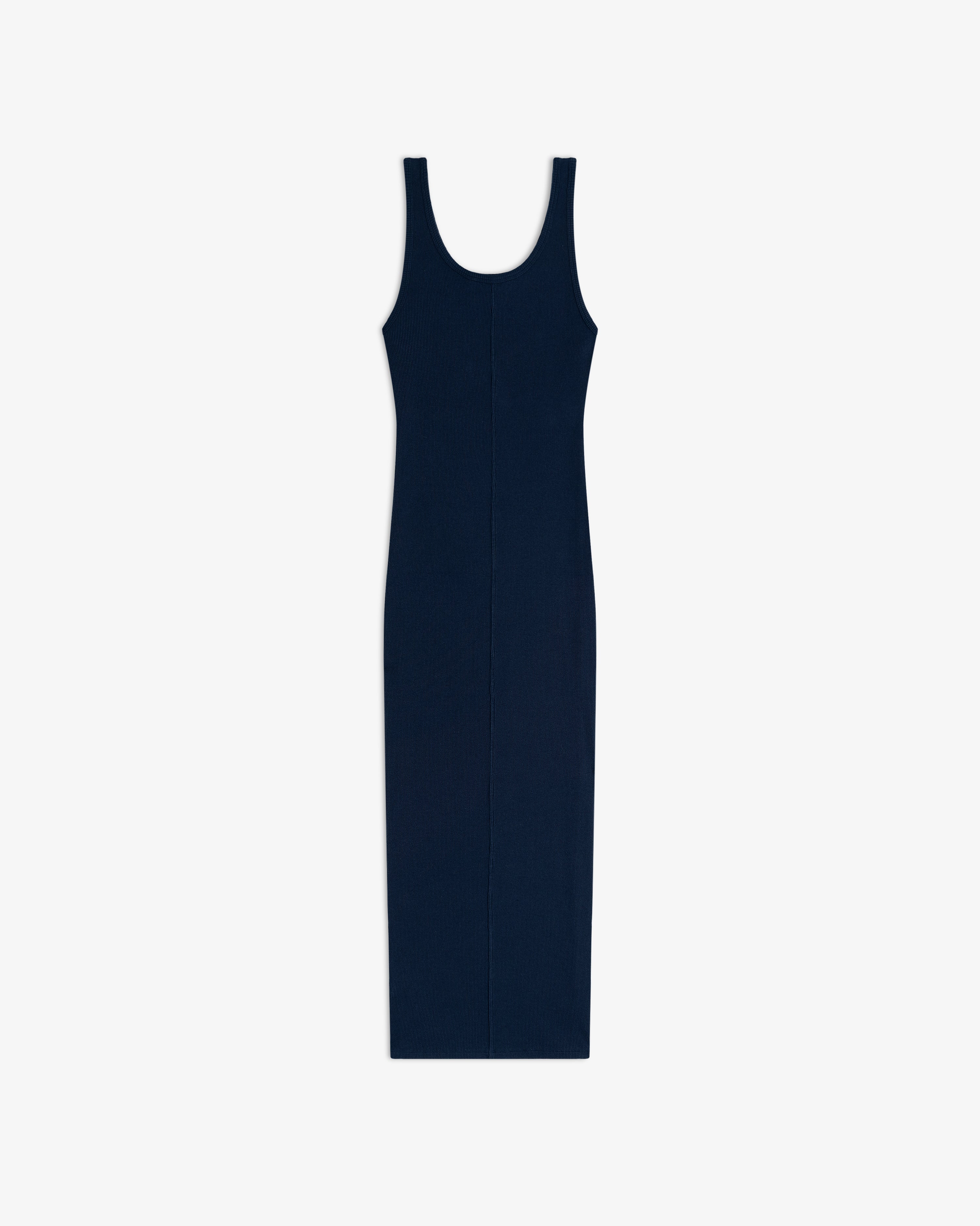 Embroidered Logo Tank Dress in navy blue with a scoop neck, sleeveless, midi length, laid flat on white.