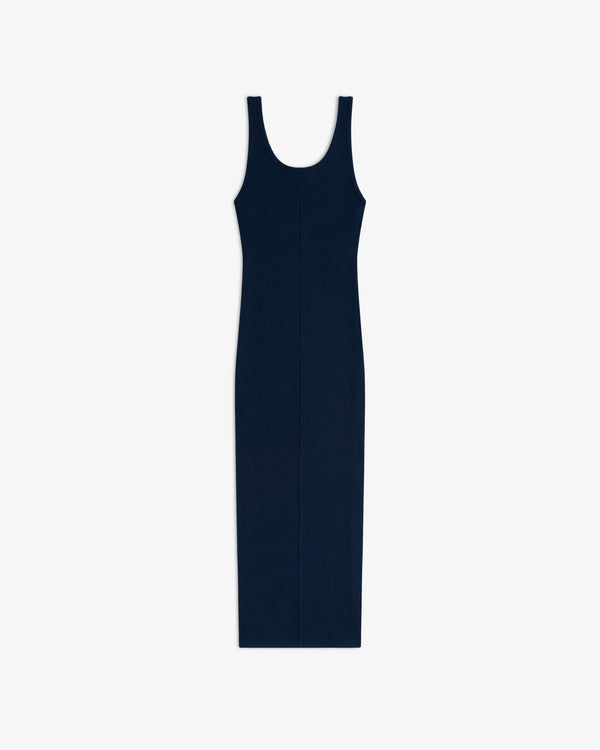 Embroidered Logo Tank Dress in navy blue with a scoop neck, sleeveless, midi length, laid flat on white.