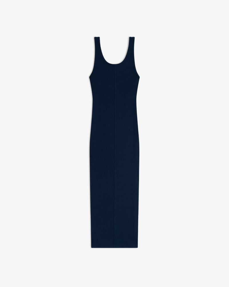 Embroidered Logo Tank Dress in navy blue with a scoop neck, sleeveless, midi length, laid flat on white.