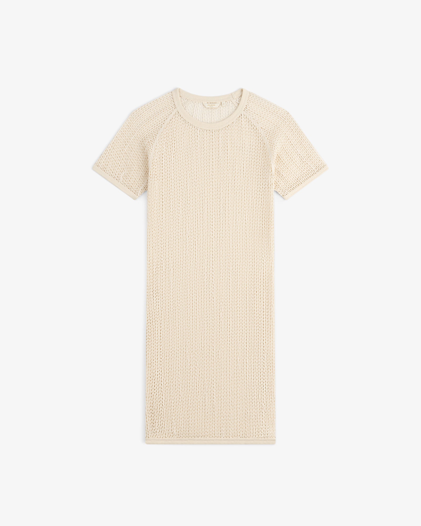 Open Mesh Mini Dress in beige with short sleeves and round neckline, displayed flat on a white background.