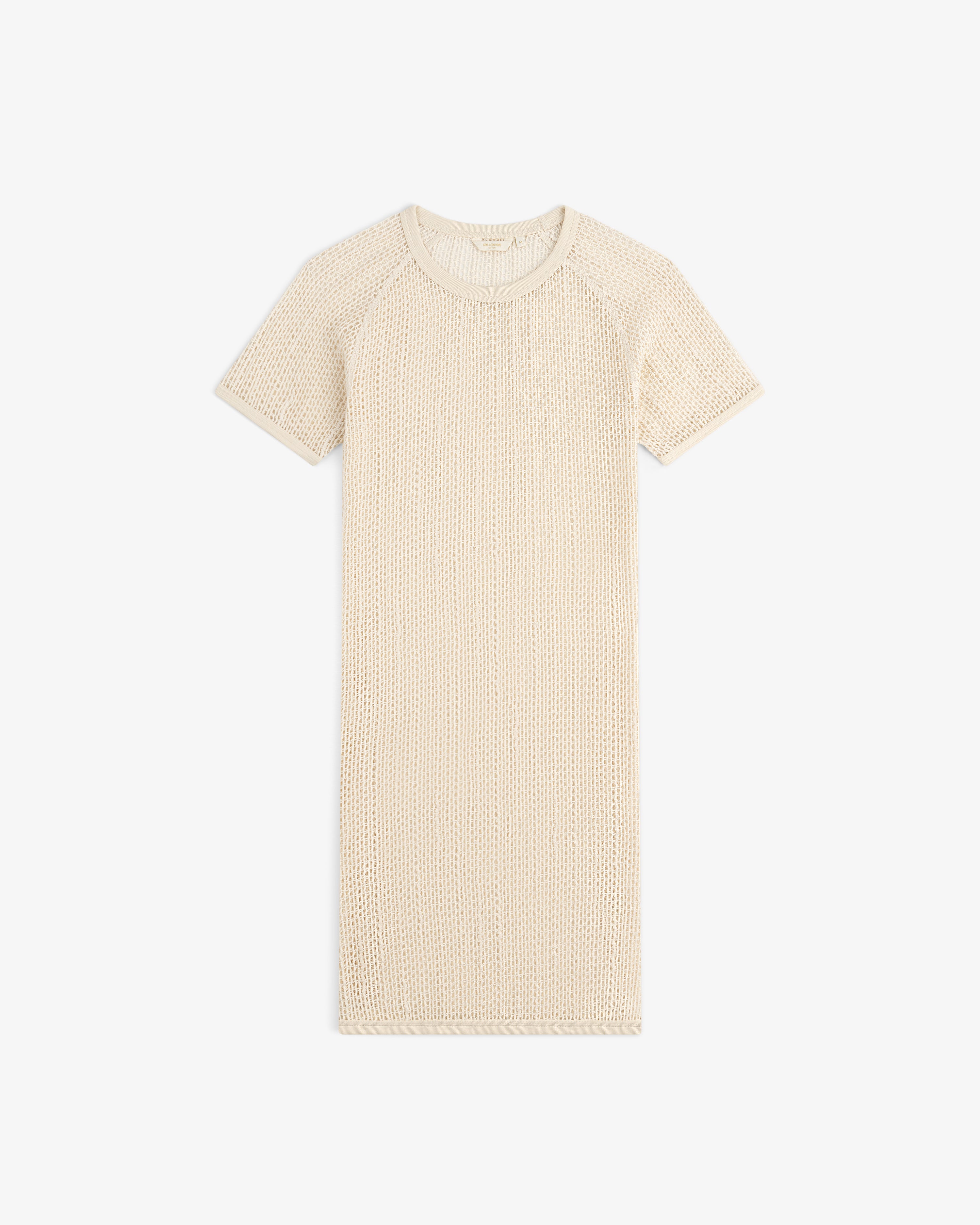 Open Mesh Mini Dress in beige with short sleeves and round neckline, displayed flat on a white background.