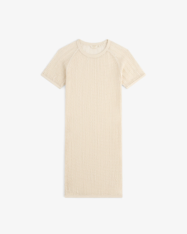 Open Mesh Mini Dress in beige with short sleeves and round neckline, displayed flat on a white background.
