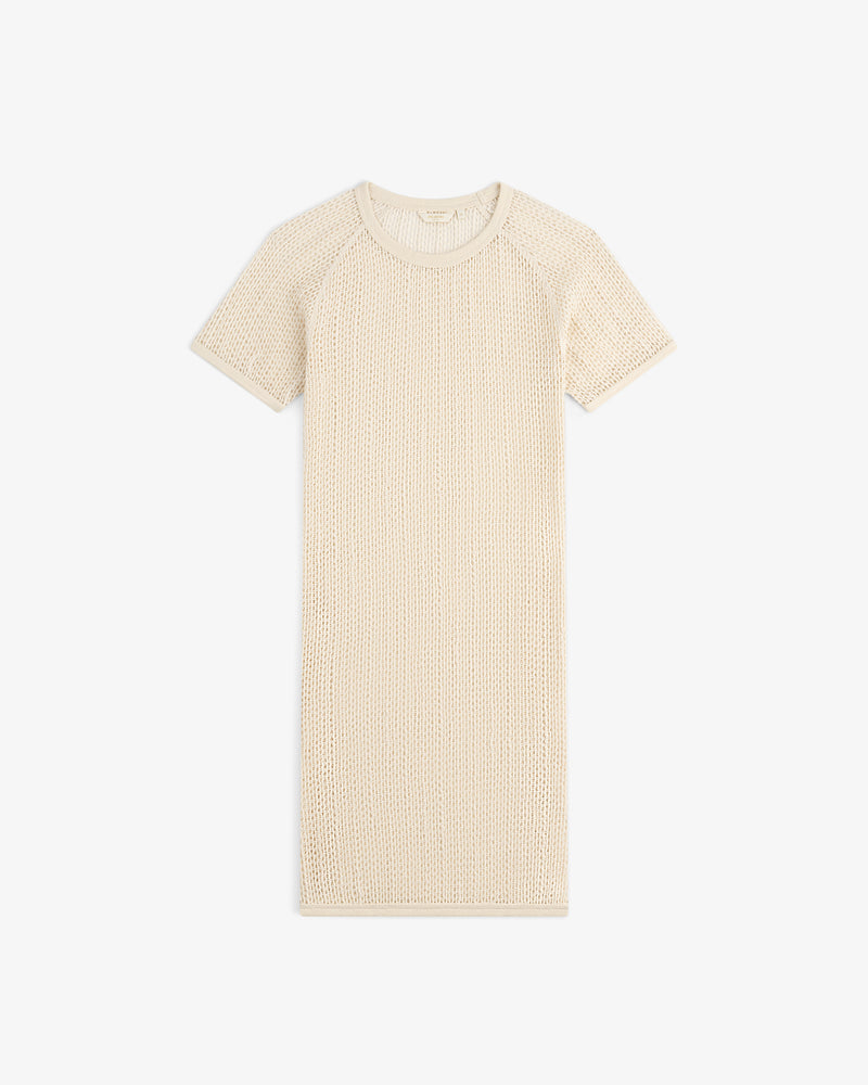Open Mesh Mini Dress in beige with short sleeves and round neckline, displayed flat on a white background.