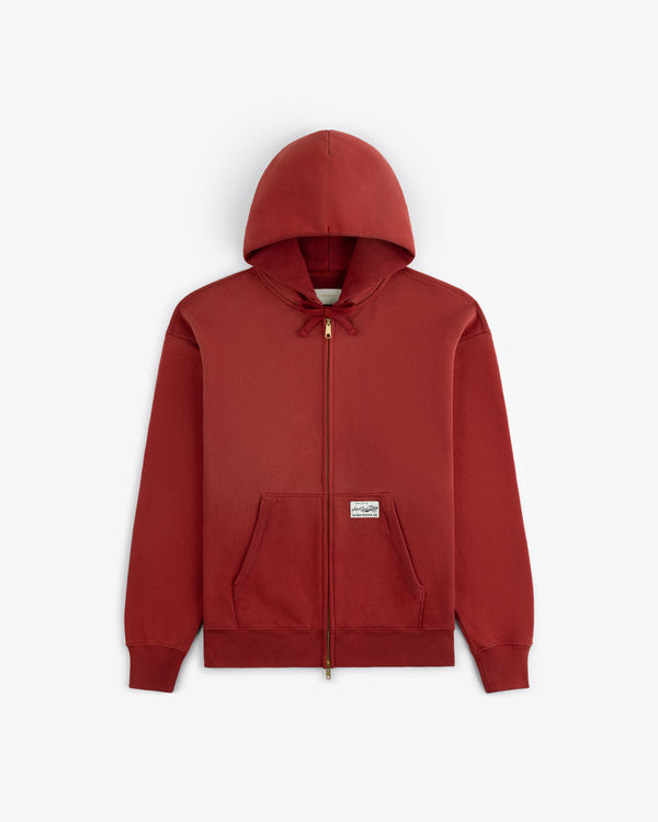 Sun Faded Full-Zip Hoodie: Red, front pockets, hood with drawstrings, and small white label on left pocket.