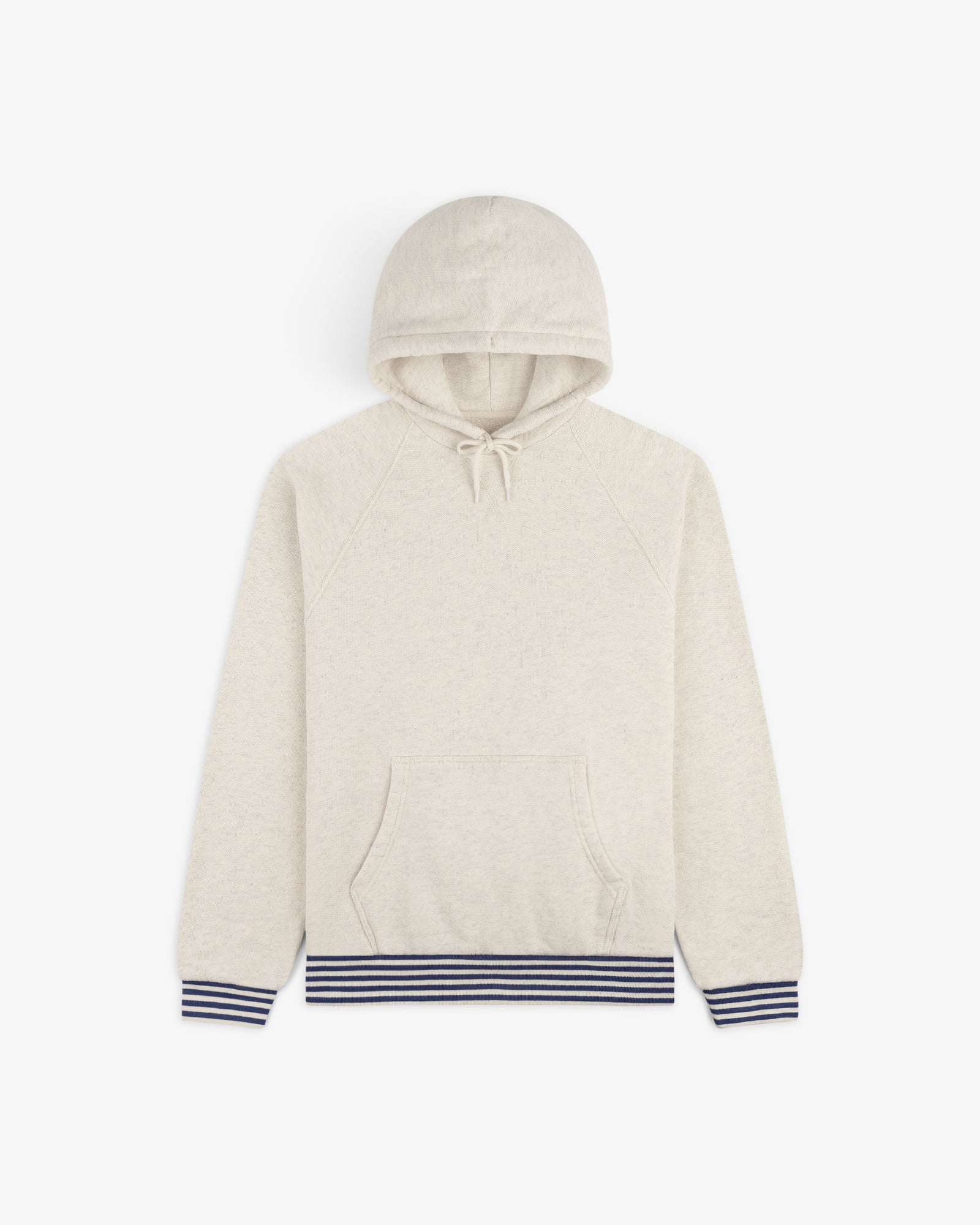 Dock Hoodie in beige with front pocket and navy striped cuffs and hem, shown flat on a white background.