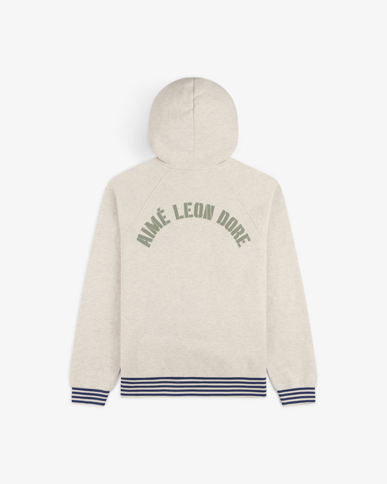 Dock Hoodie: Beige with AIMÉ LEON DORE green text on back, blue-striped cuffs and hem.