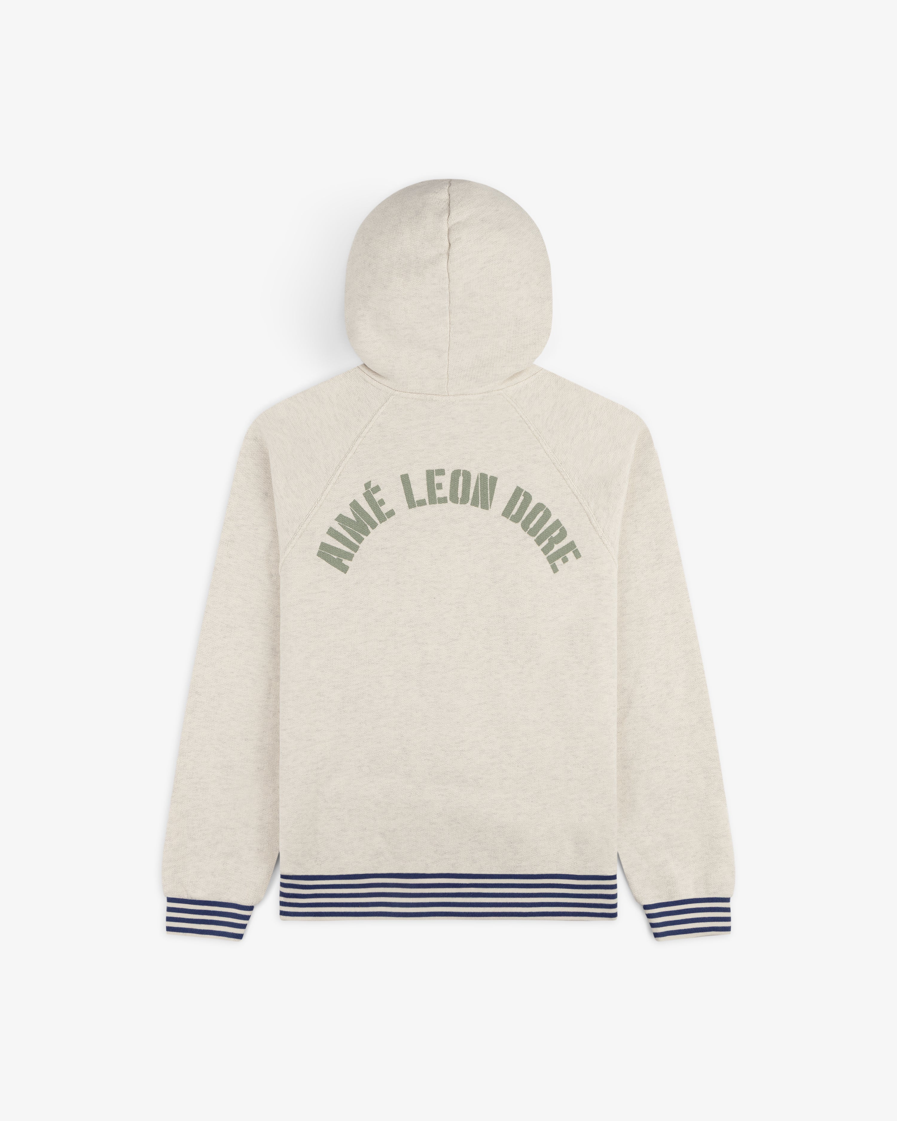 Dock Hoodie: Beige with AIMÉ LEON DORE green text on back, blue-striped cuffs and hem.