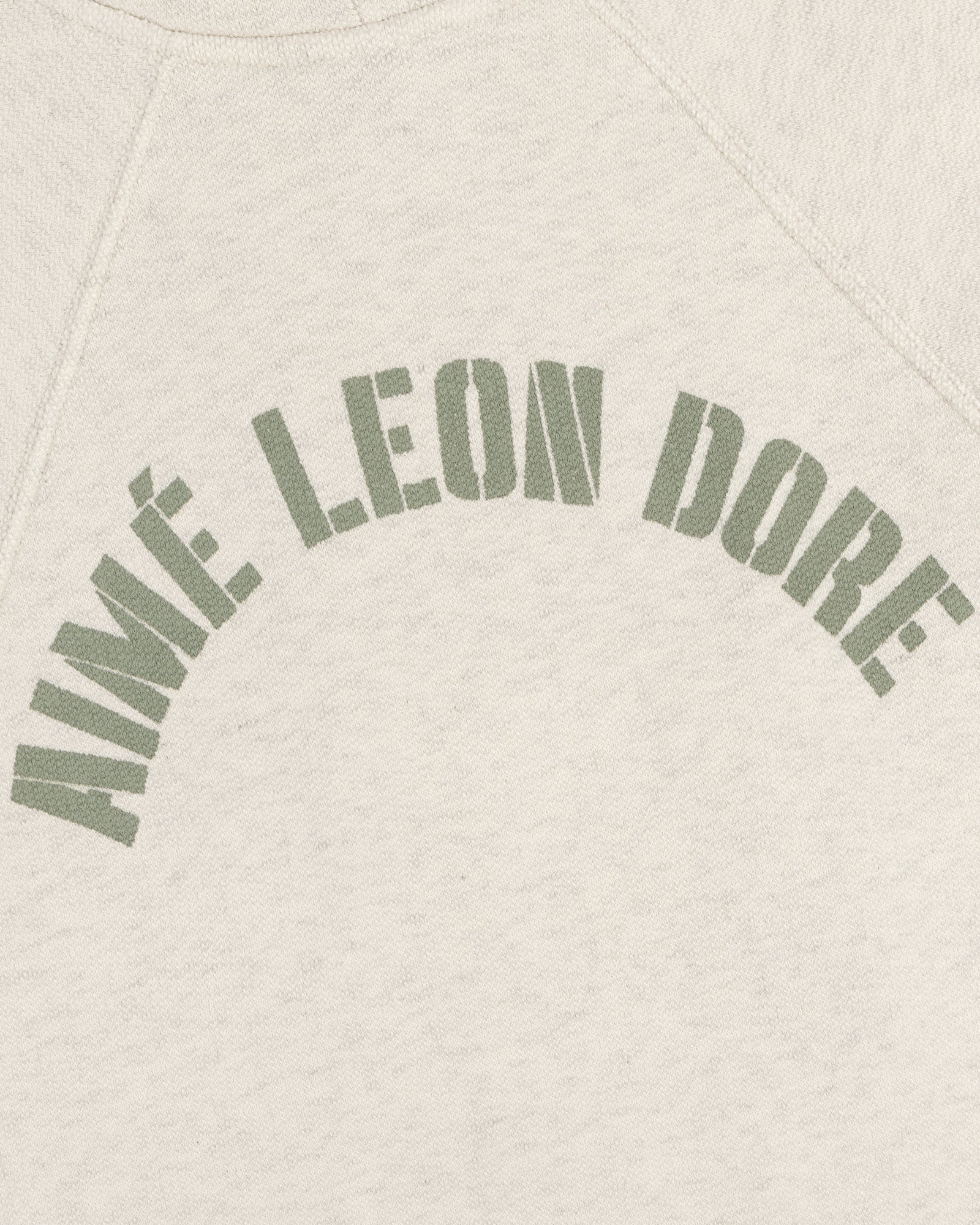 Close-up of Dock Hoodie’s cream fabric featuring AIMÉ LEON DORE in green, arched block letters.