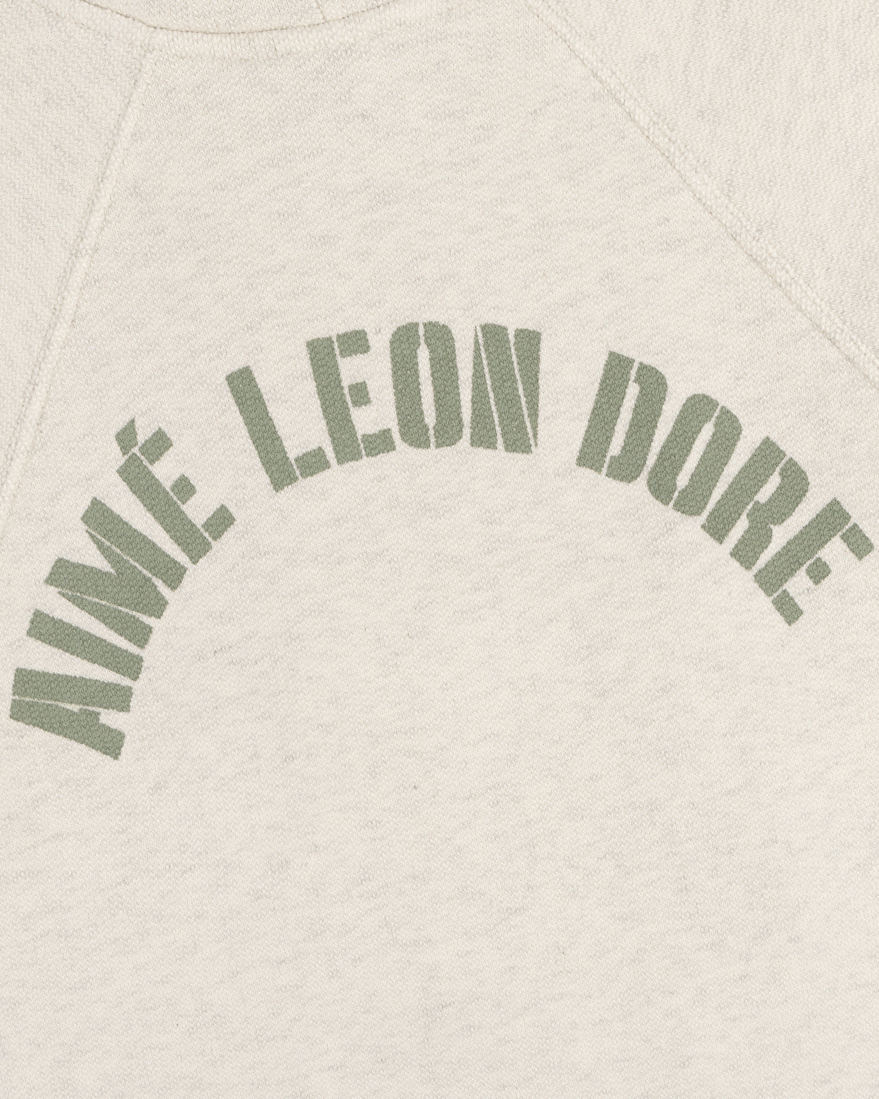 Close-up of Dock Hoodie’s cream fabric featuring AIMÉ LEON DORE in green, arched block letters.