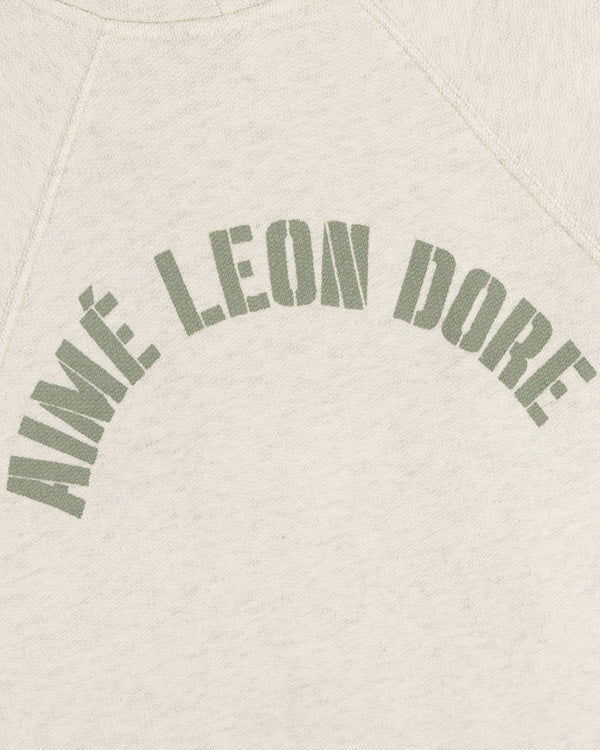Close-up of Dock Hoodie’s cream fabric featuring AIMÉ LEON DORE in green, arched block letters.