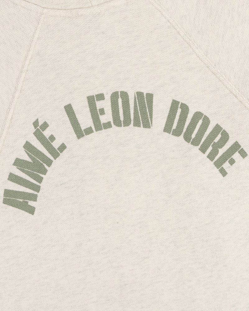 Close-up of Dock Hoodie’s cream fabric featuring AIMÉ LEON DORE in green, arched block letters.