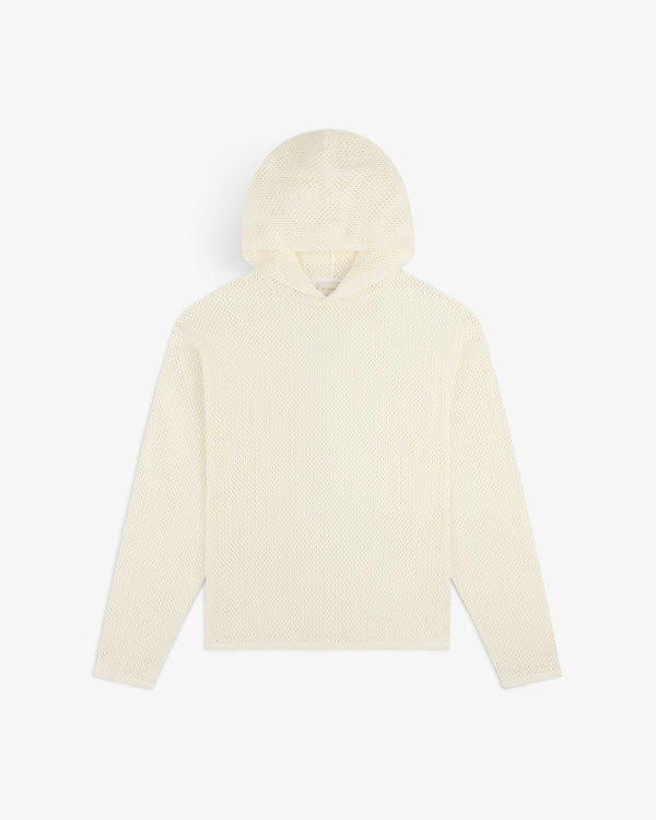 Open Mesh Hoodie: cream-colored, long-sleeve, waffle-knit, loose fit; shown on a white background.