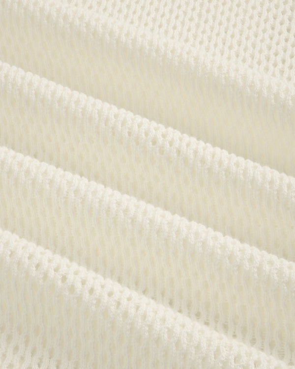 Close-up of folded, textured white Open Mesh Hoodie with a repeating open-weave pattern.