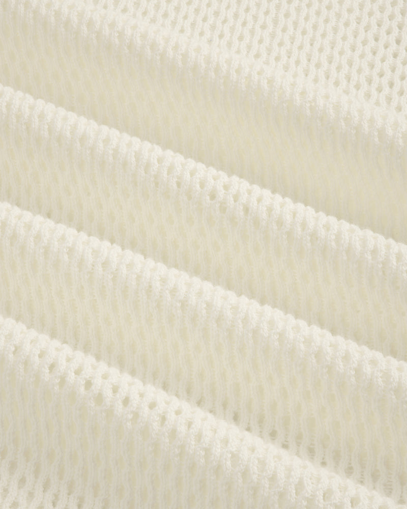 Close-up of folded, textured white Open Mesh Hoodie with a repeating open-weave pattern.