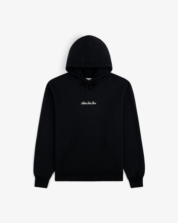Black Embroidered Logo Hoodie with front pocket and small white "Antisocial" text centered on the chest.