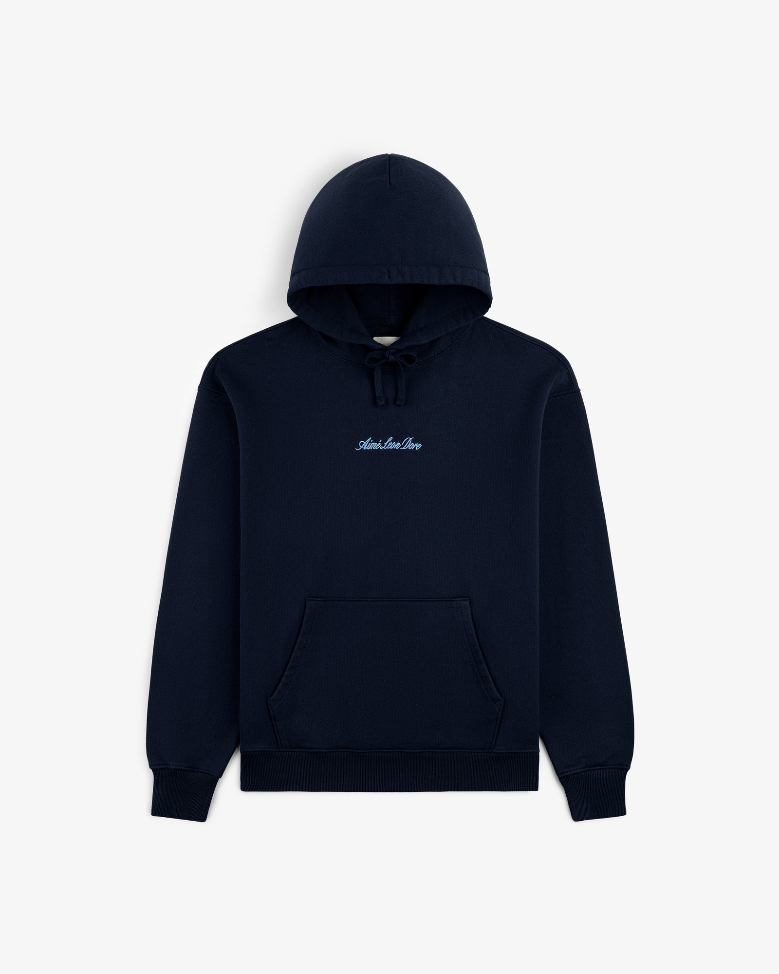 Navy blue Embroidered Logo Hoodie with a front pocket and small white Aimé Leon Dore text on the chest.