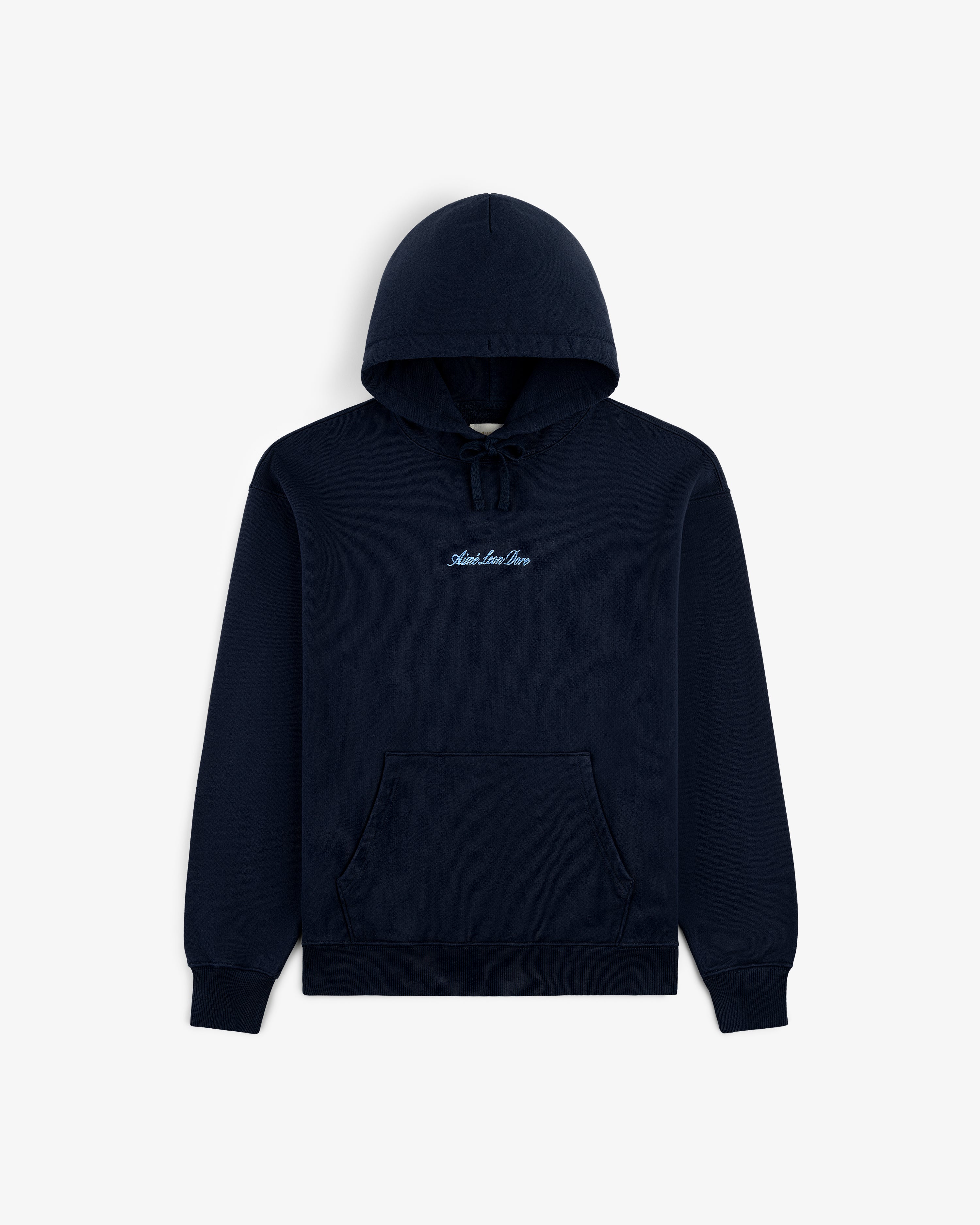 Navy blue Embroidered Logo Hoodie with a front pocket and small white Aimé Leon Dore text on the chest.