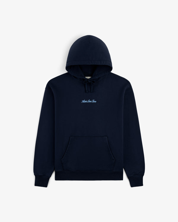 Navy blue Embroidered Logo Hoodie with a front pocket and small white Aimé Leon Dore text on the chest.