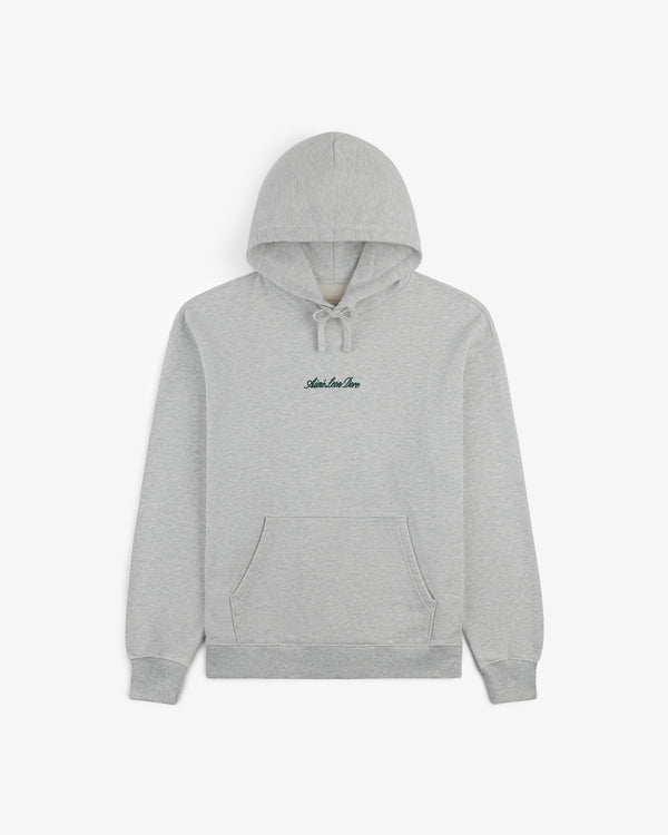 Embroidered Logo Hoodie in light gray with front pocket and small chest logo, laid flat on a white background.