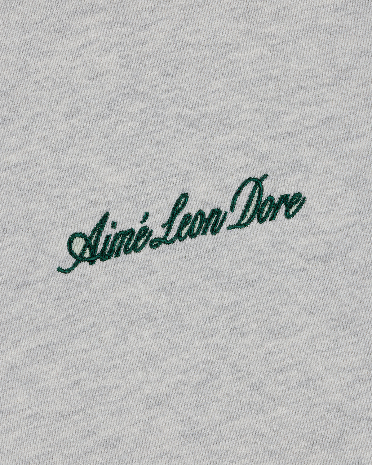 Green script "Aimé Leon Dore" embroidered on light grey Embroidered Logo Hoodie.
