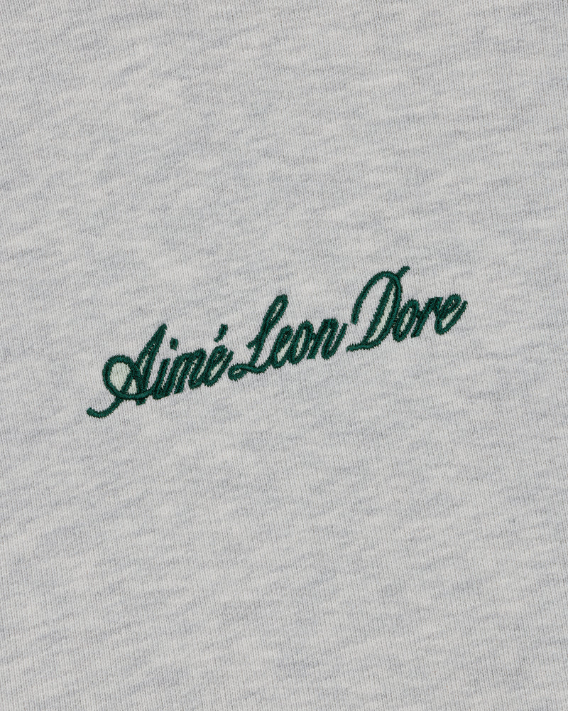 Green script "Aimé Leon Dore" embroidered on light grey Embroidered Logo Hoodie.