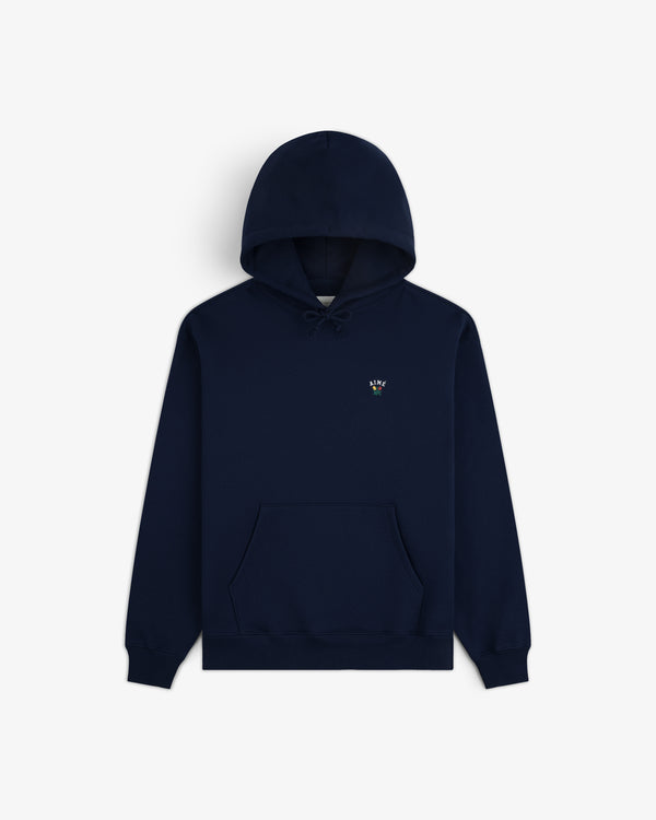 Crest Hoodie: Navy blue, hooded, front pocket, small embroidered logo on left chest.