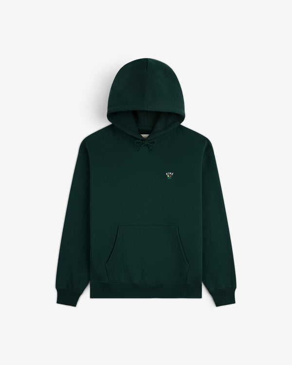 Dark green Crest Hoodie with a front pocket and small embroidered logo on the left chest.
