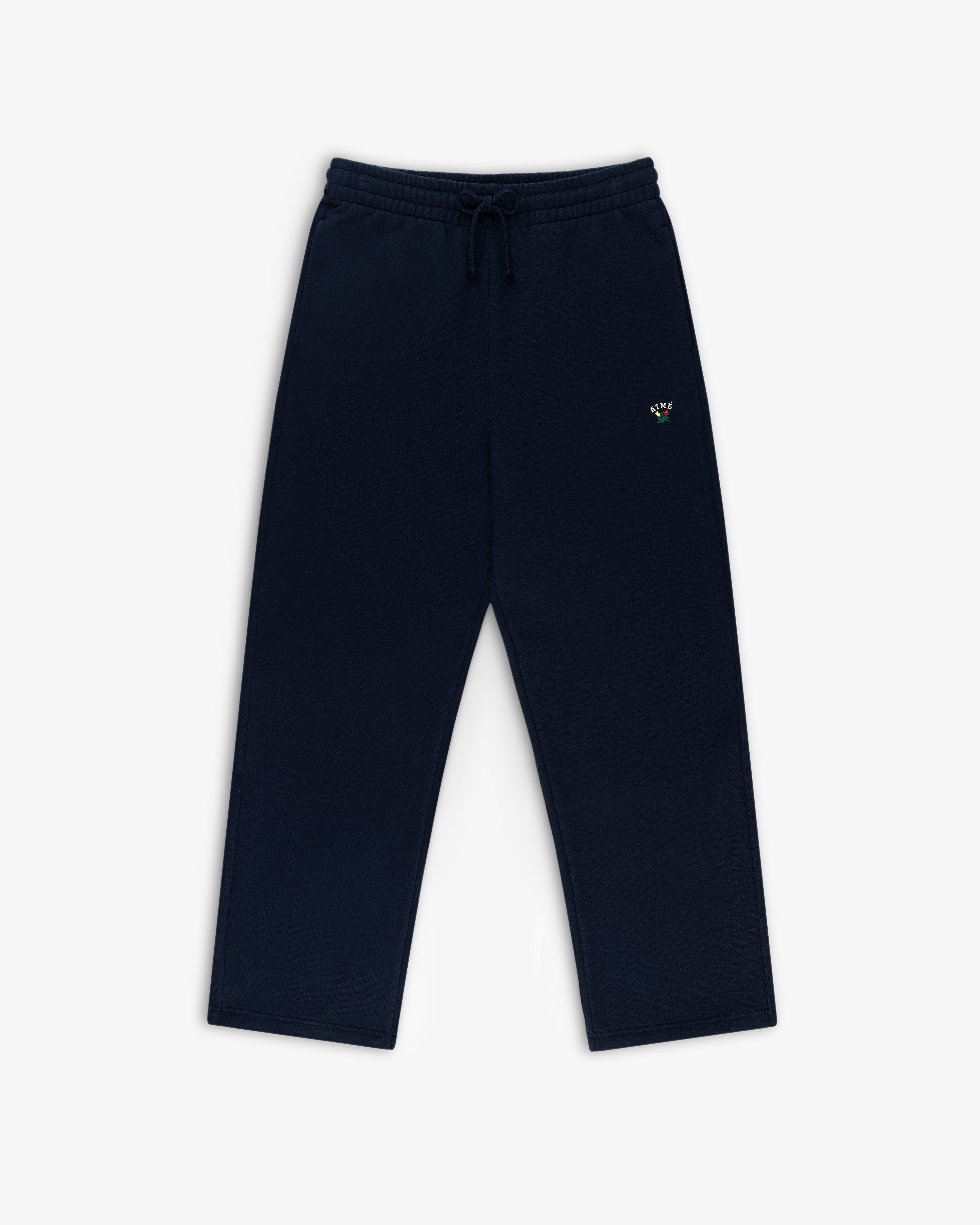Navy Crest Sweatpants with drawstring waist and small logo on left thigh, shown flat on white background.