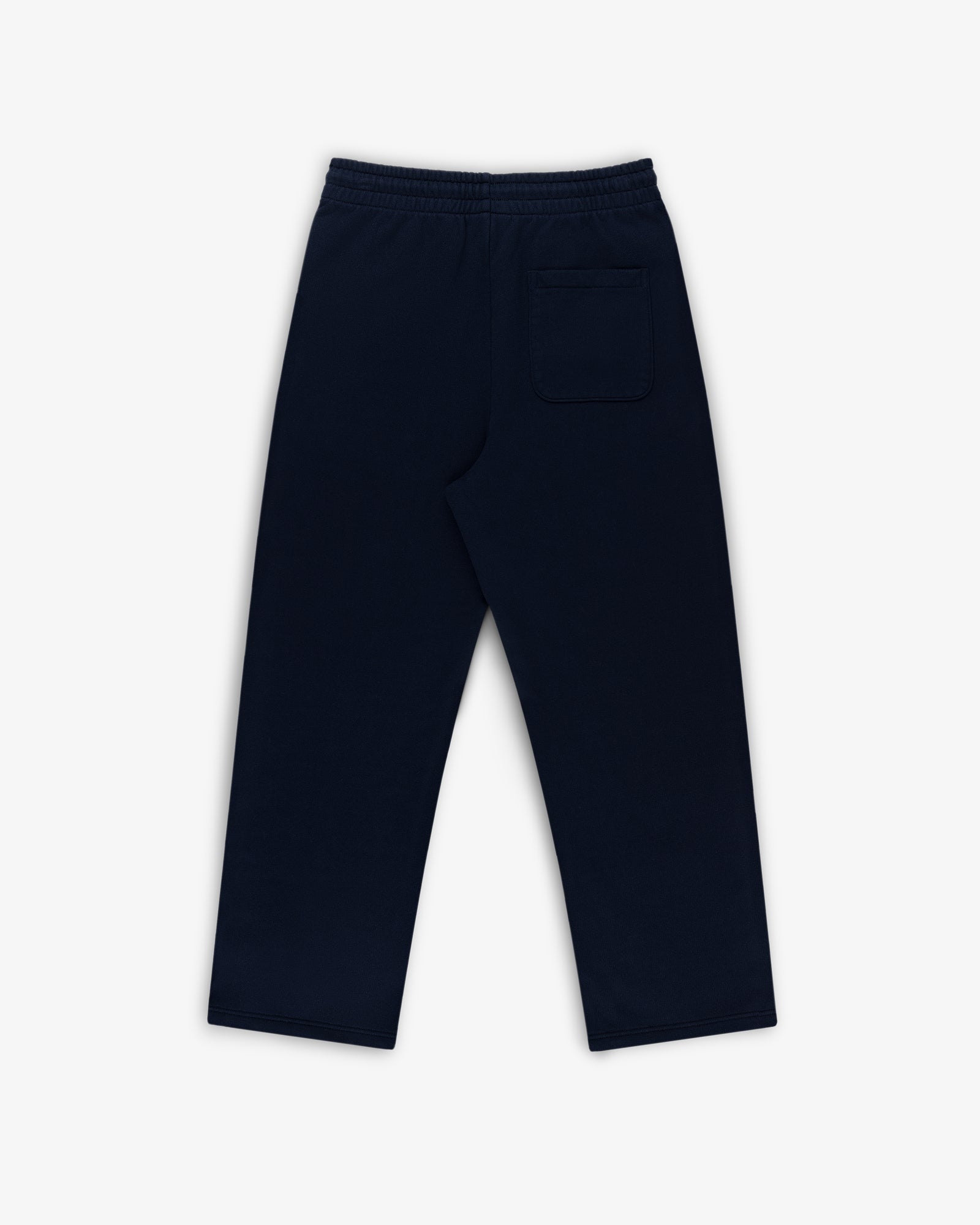 Crest Sweatpants in navy blue with an elastic waistband and one back pocket on a white background.